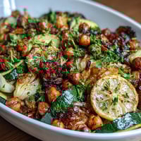 Colorful roasted vegetable medley with chickpeas, lemon, and garlic, perfect for a healthy Mediterranean-inspired side dish.