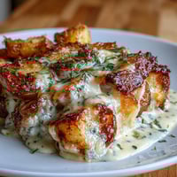 Creamy Smashed Potato Gratin with golden crispy potatoes baked in rich cream and melted cheese.  