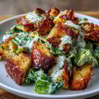 Golden sourdough croutons add crunch to this vibrant Caesar salad with crisp romaine and creamy dressing.  