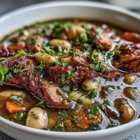 A steaming bowl of ham and cannellini bean stew with tender vegetables and savory broth.  