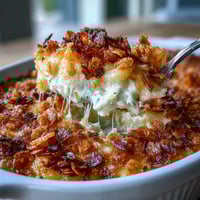 Cheesy funeral potatoes lightened with Greek yogurt, topped with crispy cornflakes for a comforting side dish.