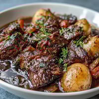 A steaming bowl of cozy beef stew with tender beef and root vegetables in a rich broth.  