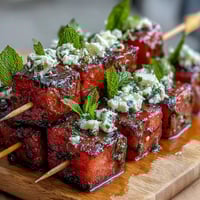 Fresh watermelon feta skewers with mint, drizzled with olive oil and balsamic glaze for a vibrant summer appetizer.