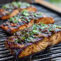 Grilled salmon fillets topped with a vibrant strawberry salsa for a fresh, flavorful main course.