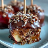 Candy apple slices with caramel and dark chocolate drizzle on a rustic wooden board.