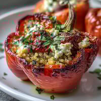 Vibrant stuffed bell peppers brimming with quinoa, fresh herbs, and vegetables, baked for a colorful and healthy meal.
