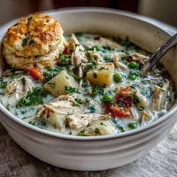 Slow Cooker Chicken Pot Pie Soup in a bowl, creamy and comforting with tender chicken and vegetables.
