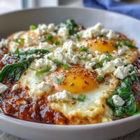 Spinach and Feta Shakshuka photo: eggs poached in vibrant spiced tomato sauce.