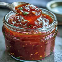 Vibrant homemade fermented hot sauce, featuring bright red chilies and garlic, ready to spice up meals.