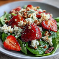 Vibrant Strawberry Spinach Spring Salad with creamy goat cheese and toasted pecans.