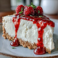 Creamy Mother's Day No-Bake Cheesecake with vibrant raspberry coulis.