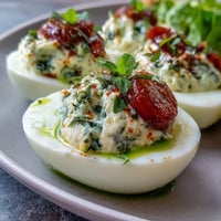 Caprese Deviled Eggs with Basil Oil and Tomato, featuring creamy yolk filling topped with fresh mozzarella and cherry tomatoes.