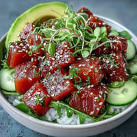 Vibrant Spring Tuna Poke Bowl with fresh vegetables and bright ponzu dressing, ready to eat.